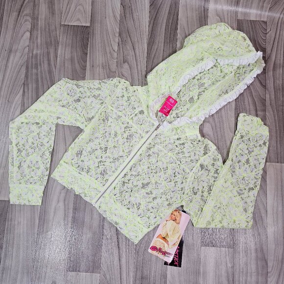 NWT Pink Lipstick Loungewear Mini Midriff Floral Lace Hoodie Glows in Blacklight - Picture 1 of 10